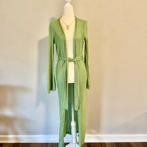 Tularosa Green Long Cardigan Women’s Size XS Metallic Knit Belted Flare Sleeve